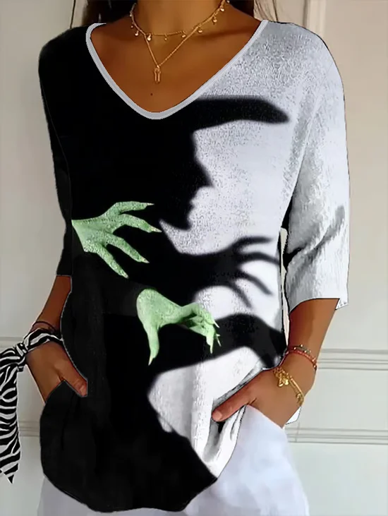 Women Halloween Three Quarter Sleeve Tee T-shirt V Neck Vintage Spring/Fall Top