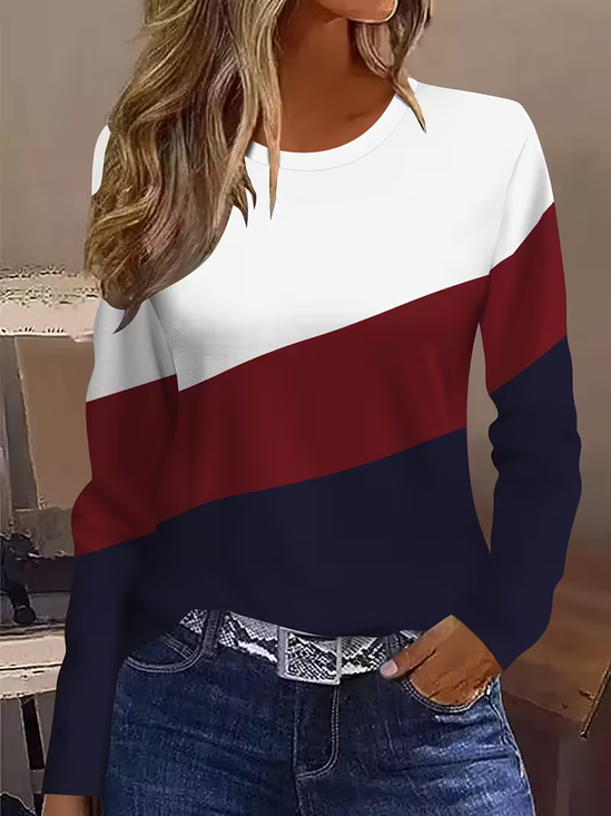 Women Multicolor Block Long Sleeve Tee T-shirt Crew Neck Printing Casual Spring/Fall Graphic Tee Top