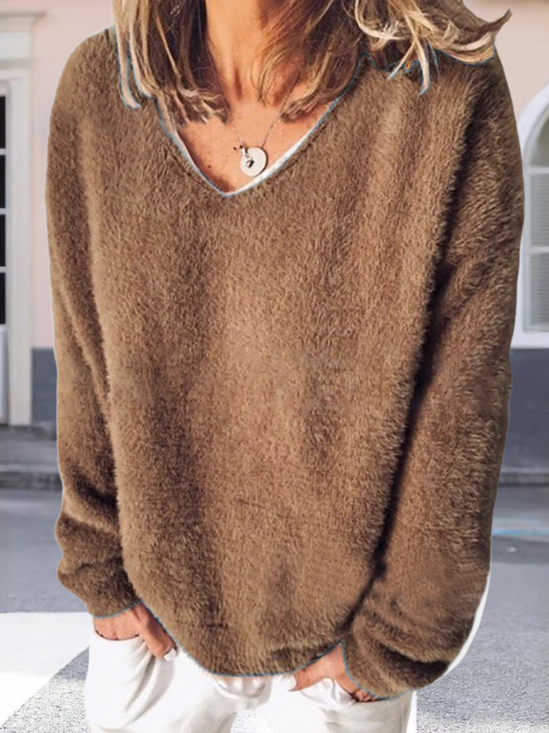 Women Plain Split Joint Winter Street Long Sleeve V Neck Sweater