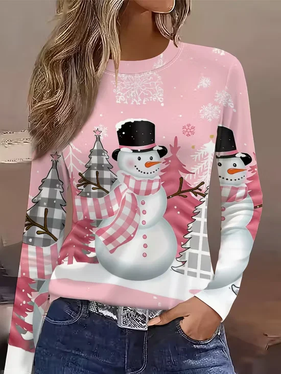 Women Christmas Snowman Long Sleeve Tee T-shirt Crew Neck Printing Casual Spring/Fall Graphic Tee Top