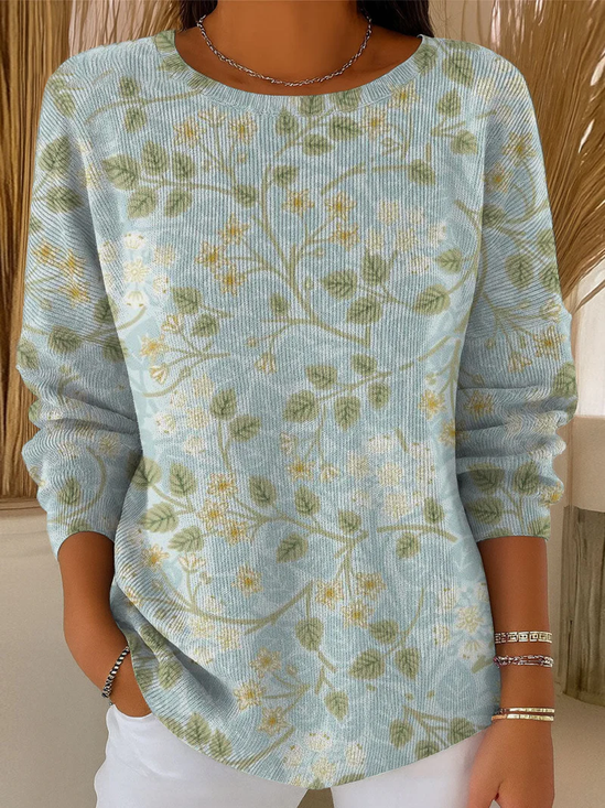 Women Floral Printing Spring/Fall Casual Long Sleeve Crew Neck Sweater