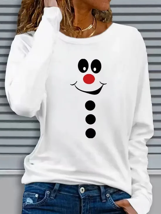 Women Christmas Snowman Long Sleeve Tee T-shirt Crew Neck Printing Casual Spring/Fall Graphic Tee Top