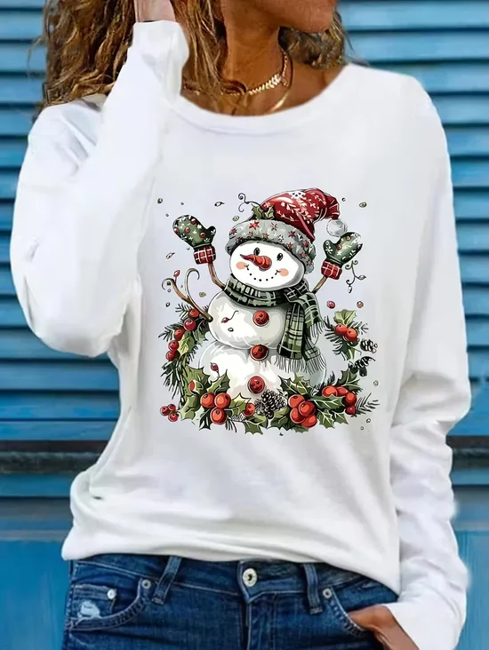 Women Christmas Snowman Long Sleeve Tee T-shirt Crew Neck Printing Casual Spring/Fall Graphic Tee Top