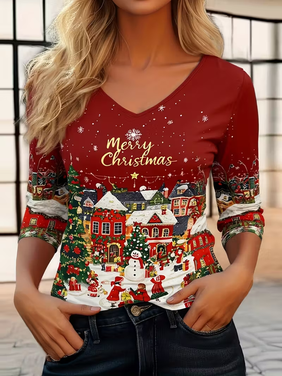 Women Christmas Snowman Long Sleeve Tee T-shirt V Neck Printing Casual Spring/Fall Graphic Tee Top