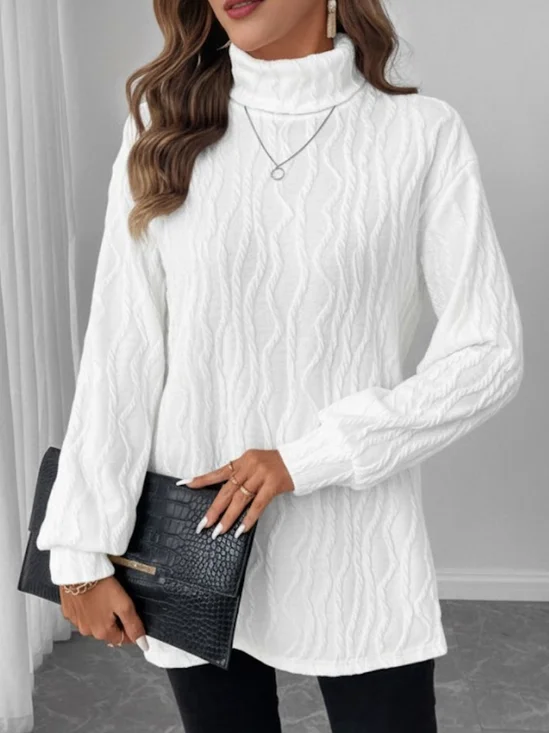 Women Plain Long Sleeve Tee T-shirt Turtleneck Embossed Casual Spring/Fall Top