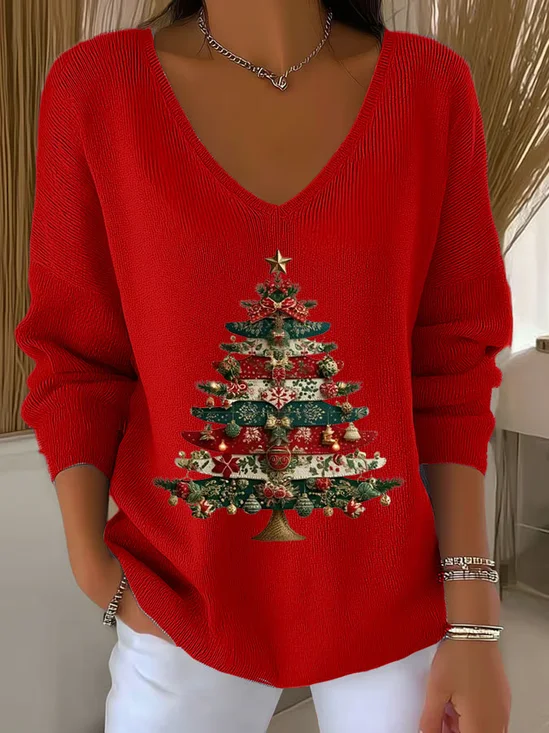 Women Christmas Long Sleeve Tee T-shirt V Neck Printing Casual Spring/Fall Top