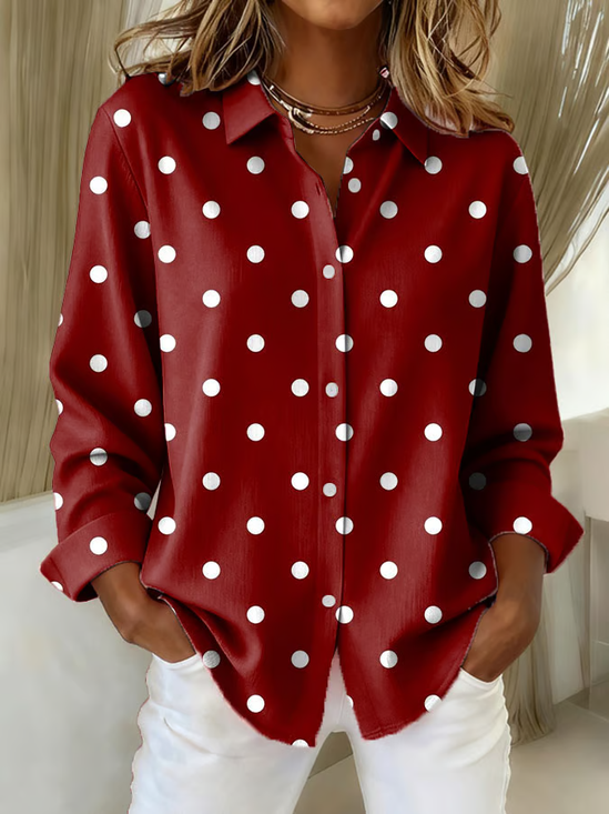 Women Polka Dots Long Sleeve Shirt Spring/Fall Buckle Shirt Collar Regular Sleeve Daily Casual Top
