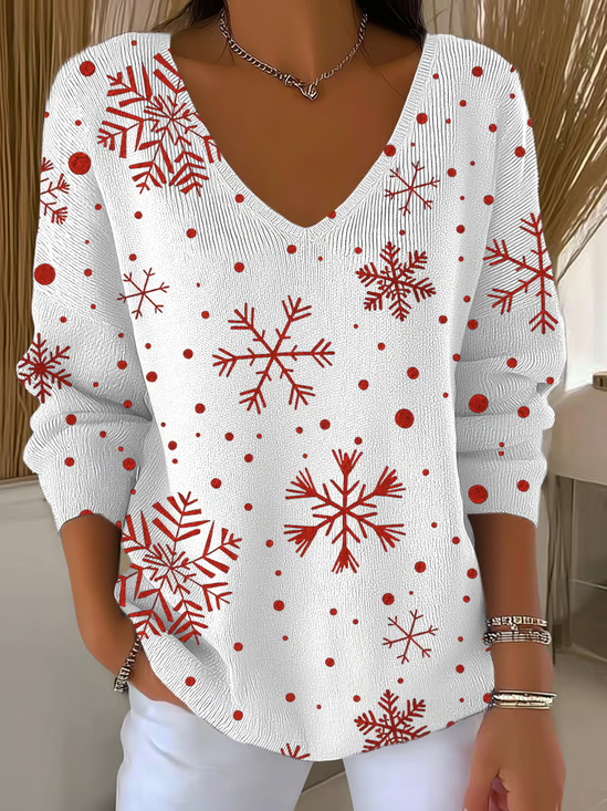 Women Christmas Long Sleeve Tee T-shirt V Neck Printing Casual Spring/Fall Top