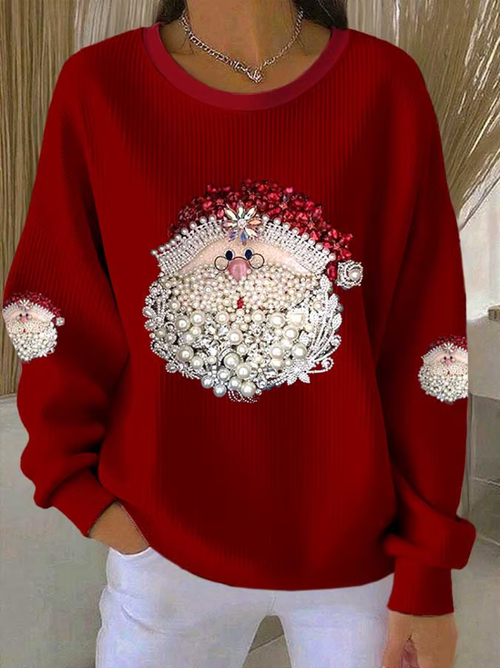 Women Santa Claus Crew Neck Printing Casual Spring/Fall Long Sleeve Sweatshirt