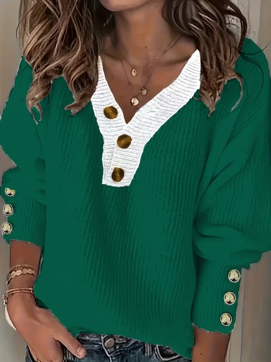 Women Plain Split Joint Winter Street Long Sleeve V Neck Sweater