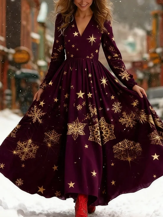 Women Christmas Long Sleeve Spring/Fall Dress V Neck Holiday Vintage Maxi A-Line Dress