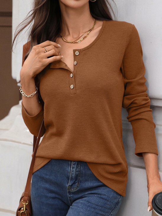 Women Plain Long Sleeve Tee T-shirt V Neck Split Joint Casual Spring/Fall Top
