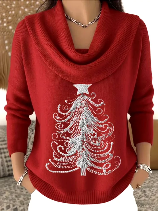 Women Christmas Printing Spring/Fall Casual Long Sleeve Cowl Neck Sweater