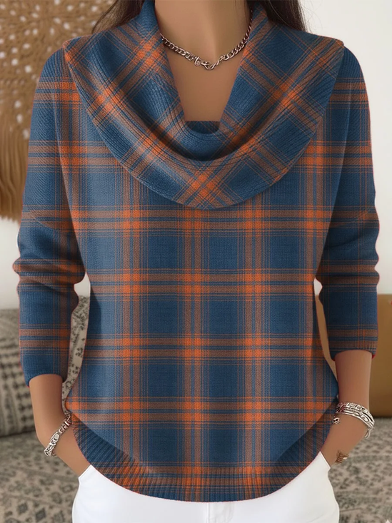 Women Plaid Printing Spring/Fall Casual Long Sleeve Cowl Neck Sweater