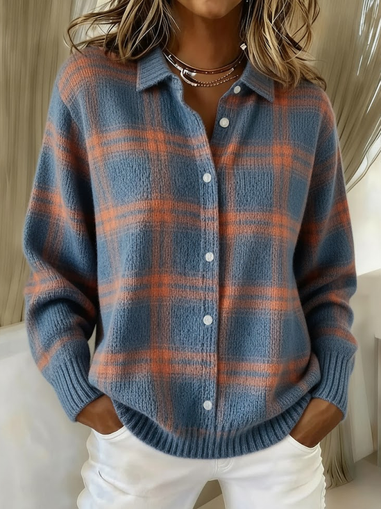 Women Plaid Printing Long Sleeve Shawl Collar Vintage Spring/Fall Cardigan Outerwear