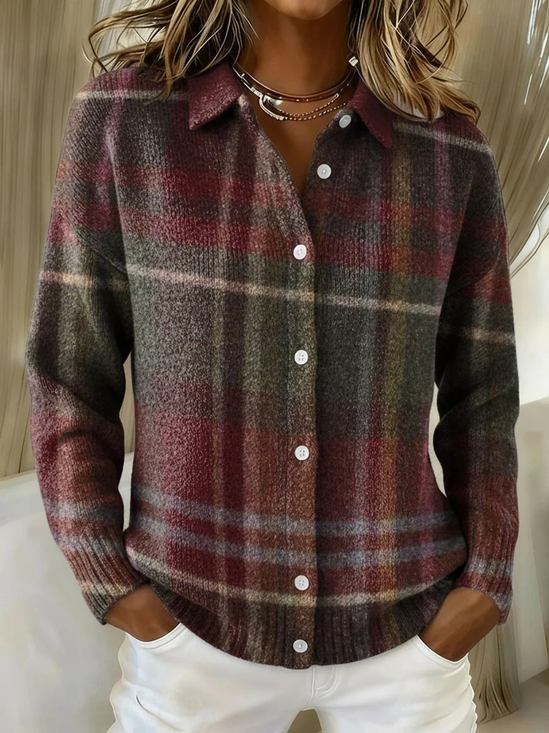 Women Plaid Printing Long Sleeve Shawl Collar Vintage Spring/Fall Cardigan Outerwear