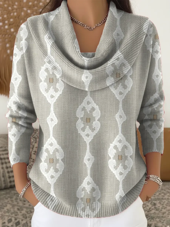 Women Abstract Printing Spring/Fall Casual Long Sleeve Cowl Neck Sweater
