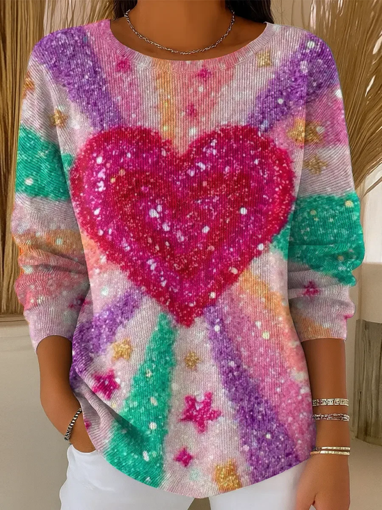 Women Heart/Cordate Printing Spring/Fall Casual Long Sleeve Crew Neck Sweater