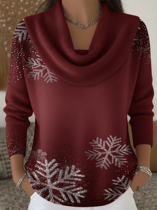 Women Christmas Printing Spring/Fall Casual Long Sleeve Cowl Neck Sweater