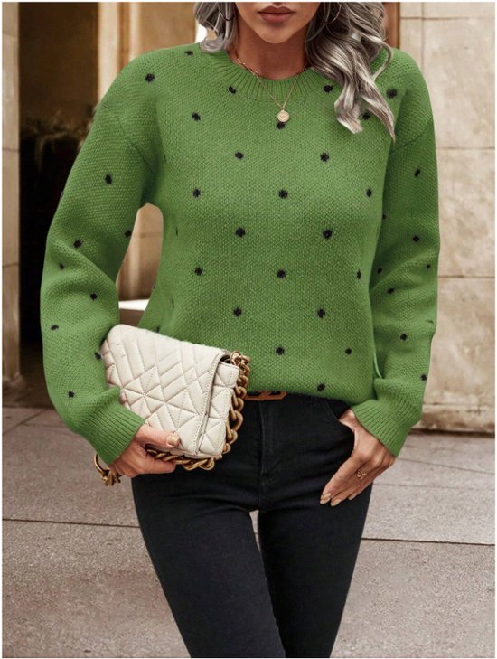 Women Polka Dots Printing Winter Casual Long Sleeve Crew Neck Sweater