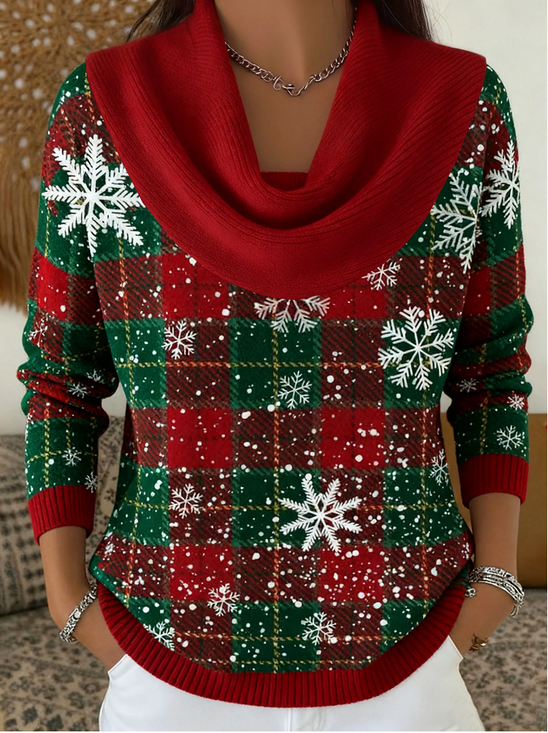 Women Christmas Printing Spring/Fall Casual Long Sleeve Cowl Neck Sweater
