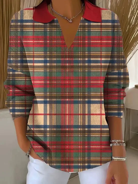 Women Plaid Printing Spring/Fall Casual Long Sleeve Shawl Collar Sweater