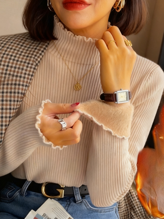 Women Plain Long Sleeve Tee T-shirt Mock Neck Split Joint Casual Spring/Fall Top