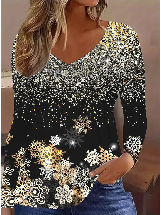 Women Christmas Long Sleeve Tee T-shirt V Neck Printing Casual Spring/Fall Graphic Tee Top