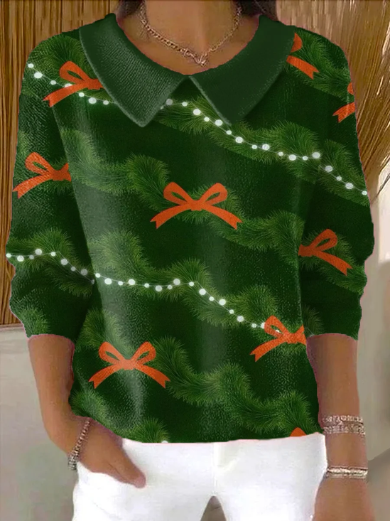 Women Christmas Printing Spring/Fall Casual Long Sleeve Shawl Collar Sweater