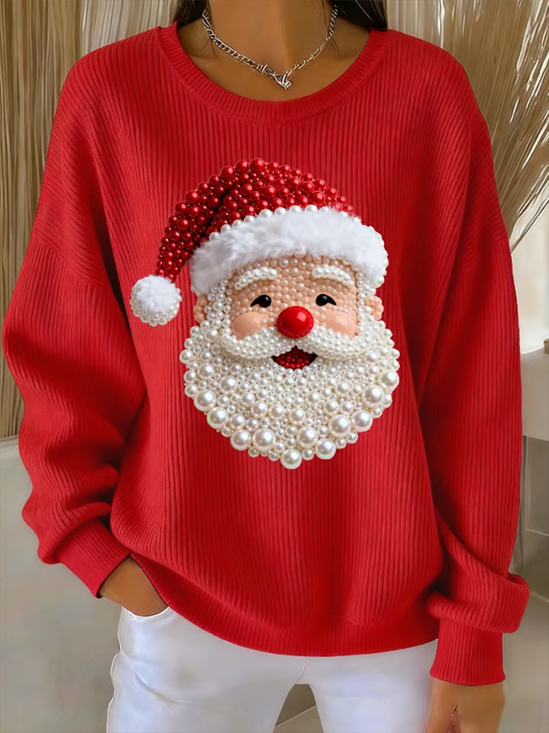 Women Santa Claus Crew Neck Printing Casual Spring/Fall Long Sleeve Sweatshirt