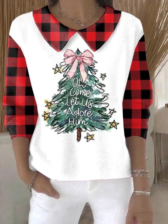 Women Plaid Printing Spring/Fall Casual Long Sleeve Shawl Collar Sweater