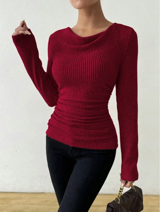 Women Plain Long Sleeve Tee T-shirt Crew Neck Ruched Casual Spring/Fall Top