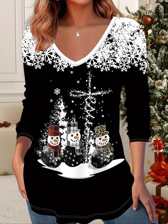 Women Christmas Snowman Long Sleeve Tee T-shirt V Neck Printing Casual Spring/Fall Graphic Tee Top