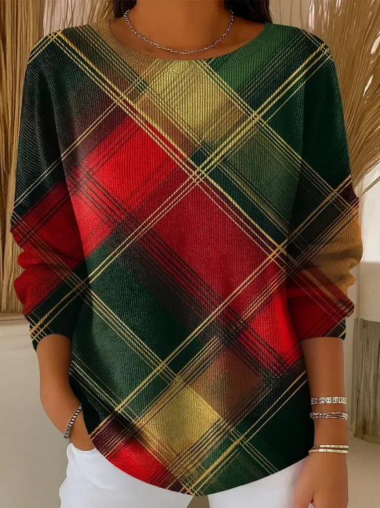 Women Plaid Printing Spring/Fall Casual Long Sleeve Crew Neck Sweater