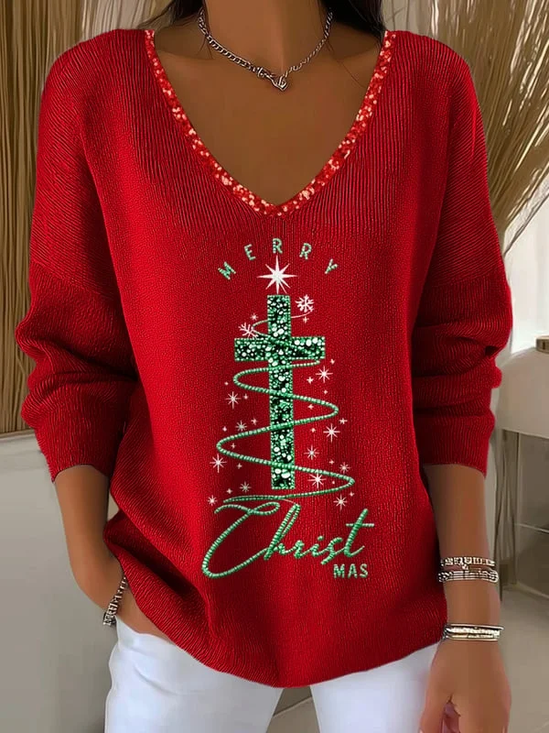 Women Christmas Long Sleeve Tee T-shirt V Neck Printing Casual Spring/Fall Top
