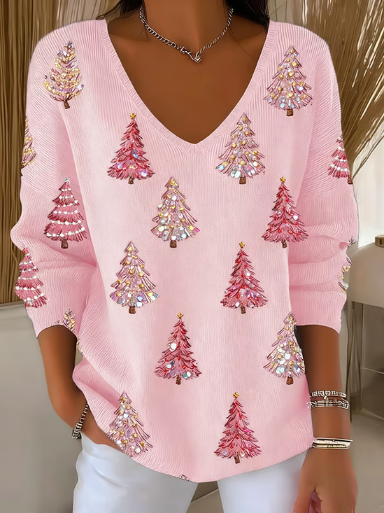 Women Christmas Long Sleeve Tee T-shirt V Neck Printing Casual Spring/Fall Top