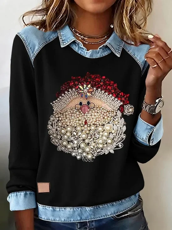 Women Santa Claus Shawl Collar Vintage Spring/Fall Long Sleeve Sweatshirt