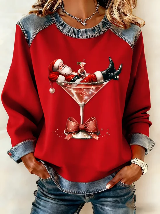 Women Santa Claus Crew Neck Printing Vintage Spring/Fall Long Sleeve Sweatshirt
