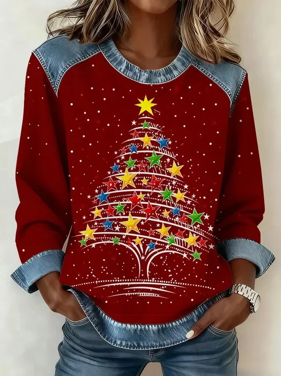 Women Star Crew Neck Printing Vintage Spring/Fall Long Sleeve Sweatshirt