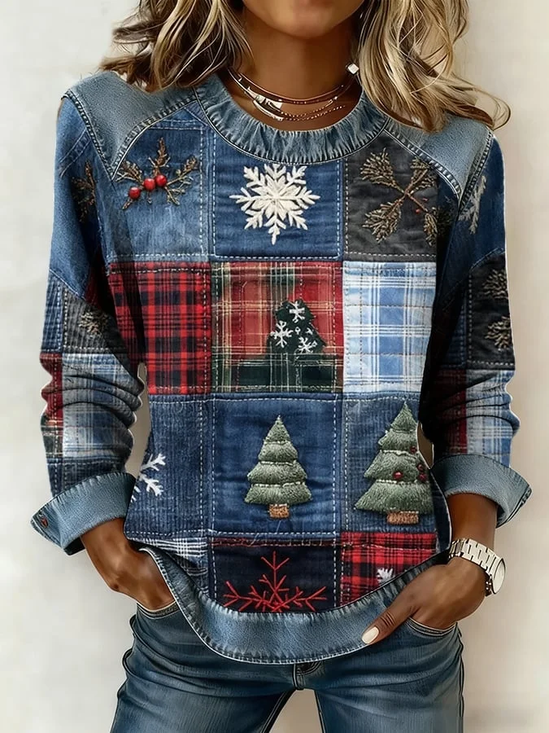 Women Christmas Crew Neck Printing Vintage Spring/Fall Long Sleeve Sweatshirt