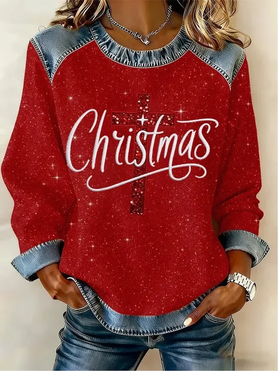 Women Christmas Crew Neck Printing Vintage Spring/Fall Long Sleeve Sweatshirt