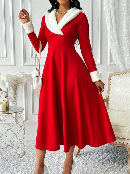 Women Plain Long Sleeve Spring/Fall Split Joint Dress V Neck Holiday Casual Maxi Tank A-Line Dress