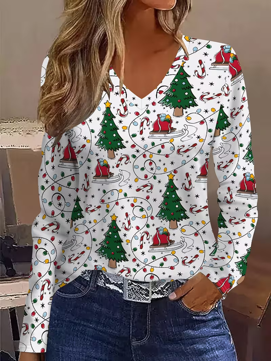 Women Christmas Long Sleeve Tee T-shirt V Neck Printing Casual Spring/Fall Graphic Tee Top