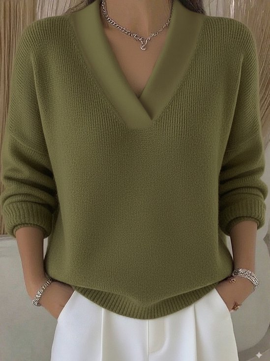 Women Plain Split Joint Spring/Fall Street Long Sleeve V Neck Cotton Sweater