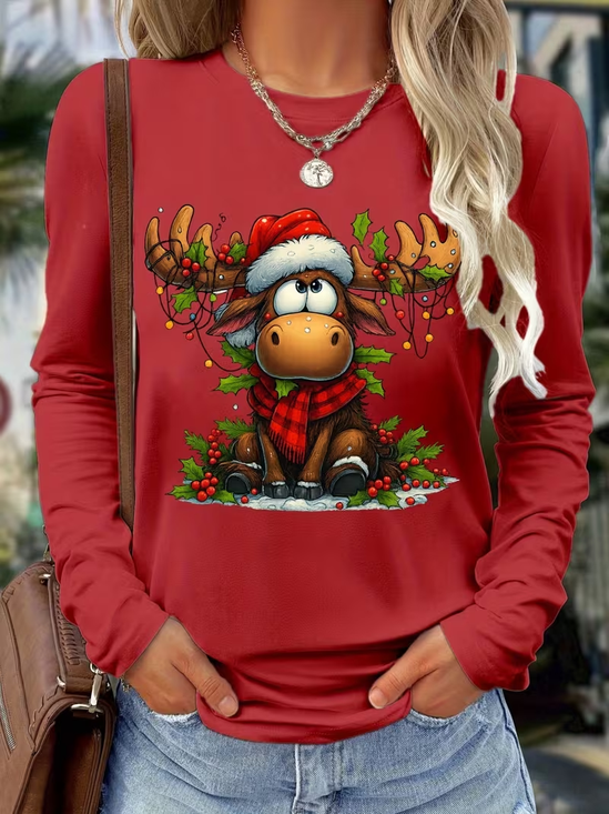 Women Christmas Long Sleeve Tee T-shirt Crew Neck Casual Spring/Fall Tunic Top
