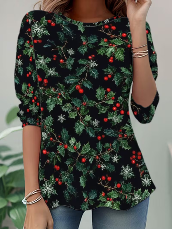 Women Christmas Long Sleeve Tee T-shirt Crew Neck Casual Spring/Fall Tunic Top