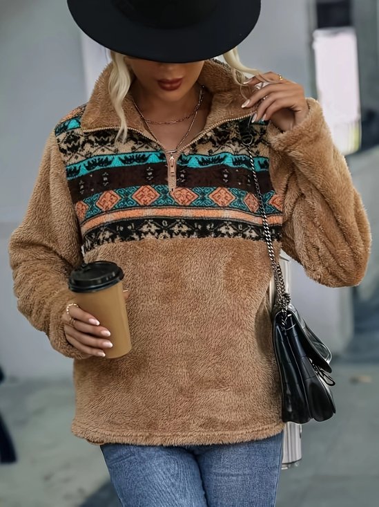 Women Geometric Stand Collar Printing Vintage Spring/Fall Long Sleeve Sweatshirt