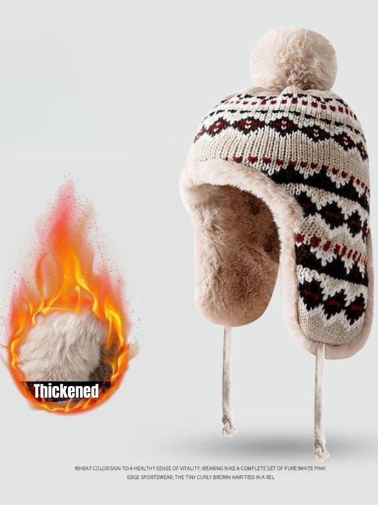 Winter Knitted Thickened Fleece-lined Neck Protector Warm Jacquard Pattern Versatile Casual Ear-covering Hat
