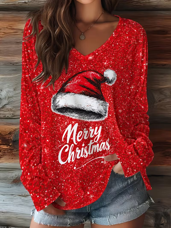 Women Christmas Long Sleeve Tee T-shirt V Neck Printing Casual Spring/Fall Graphic Tee Top