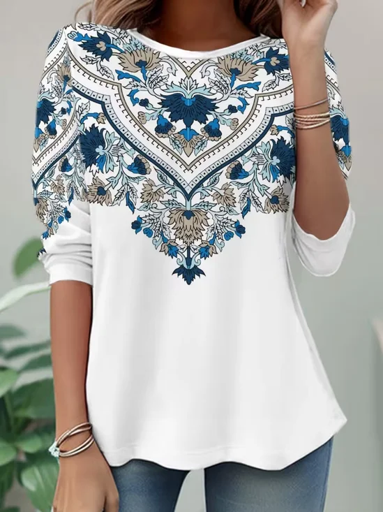 Women Ethnic Long Sleeve Tee T-shirt Crew Neck Casual Spring/Fall Tunic Top